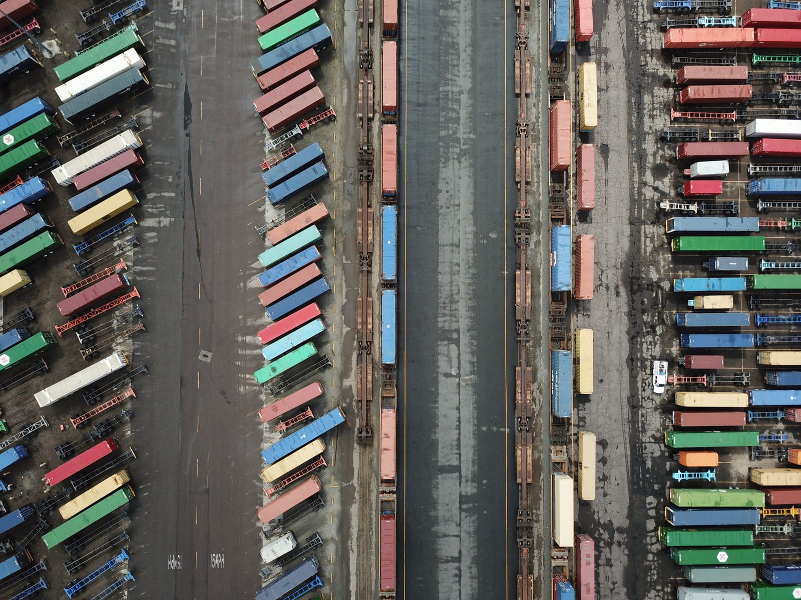 Shipping containers organised at an international cargo terminal